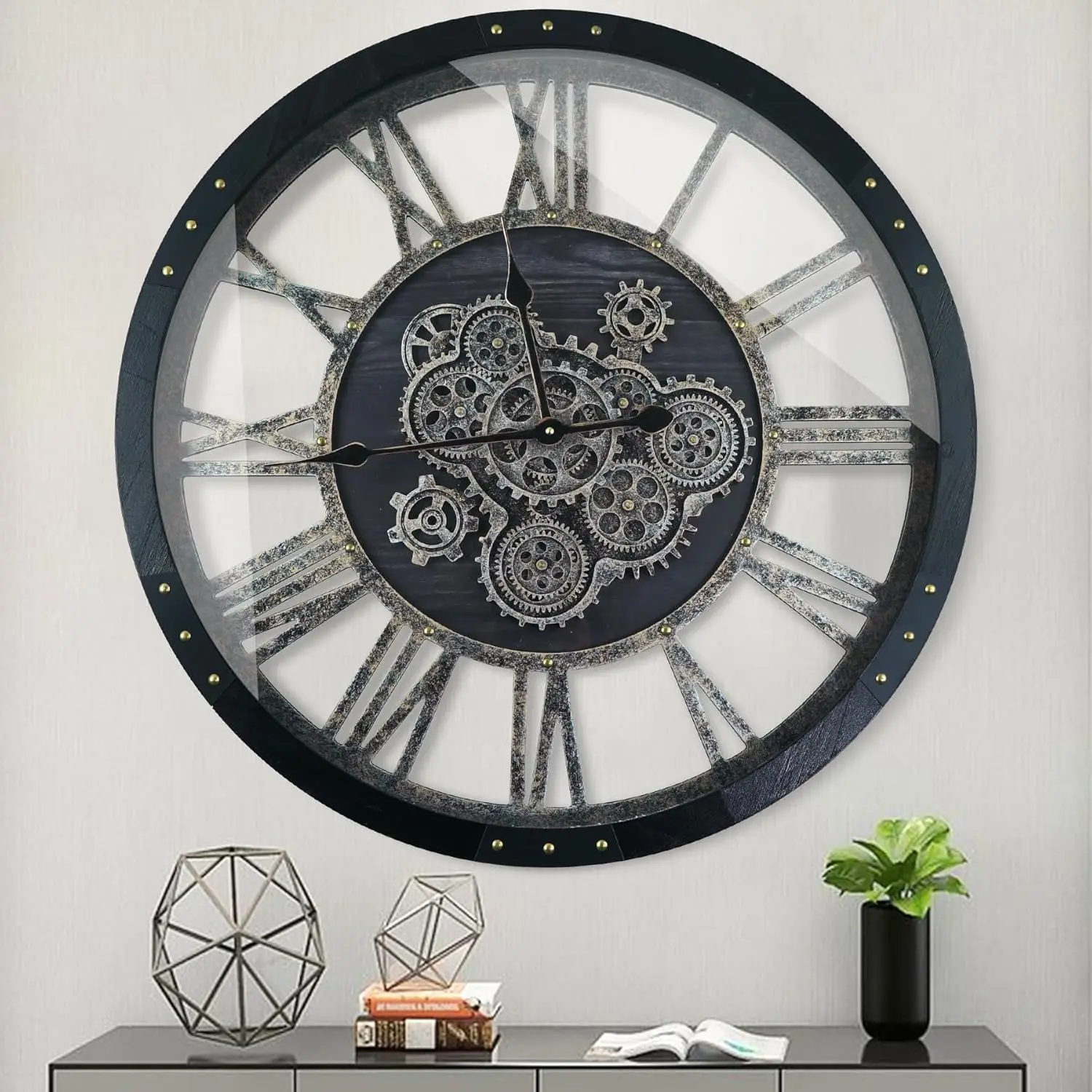 36 Inch Moving Gear Wall Clock, Oversized Wall Clocks, Clock Living Room Decor, Solid Wood Frame, Battery Operated, Large Wall