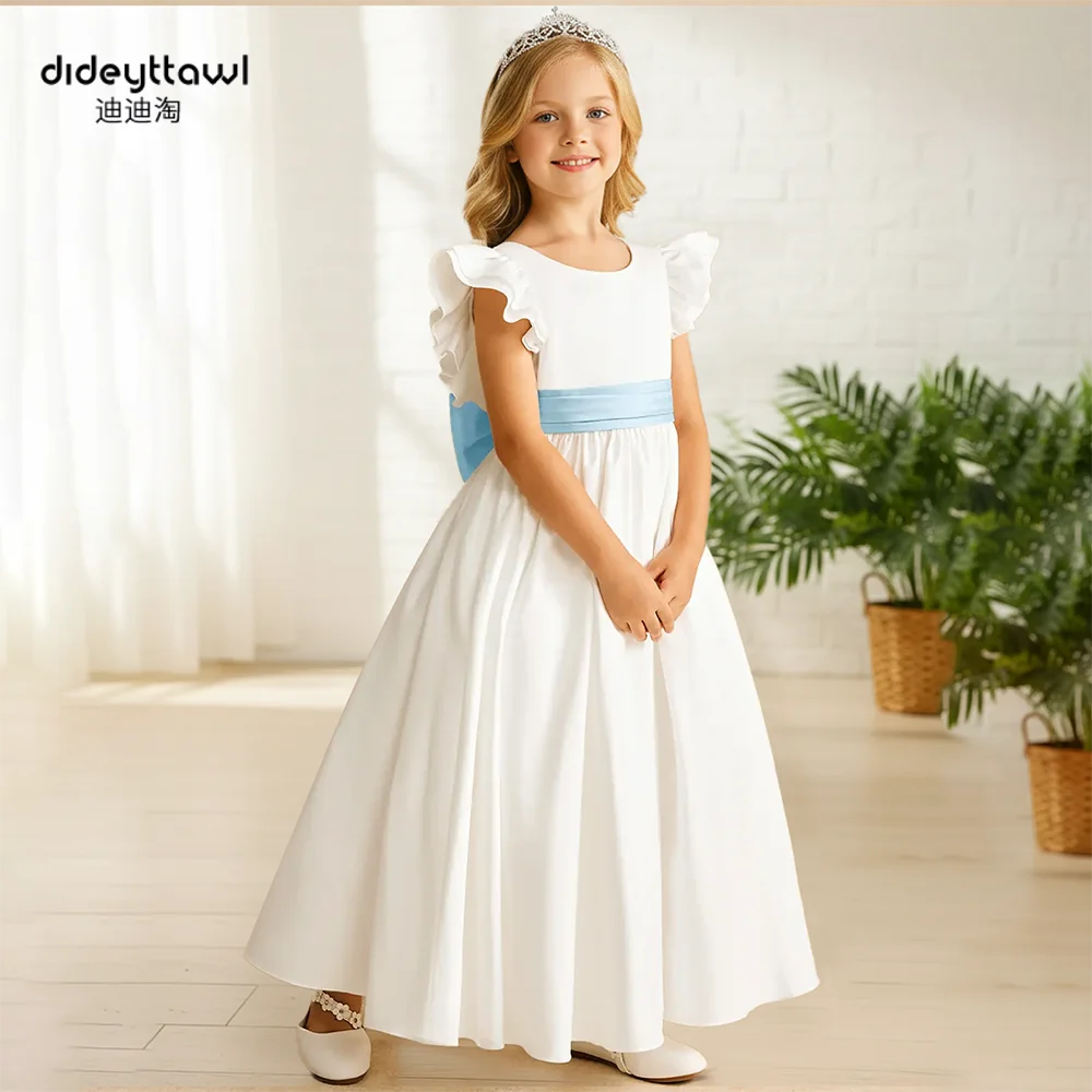 

Dideyttawl Customized Ruffle Sleeve A Line Floor Length Dress Big Blue Bowknot Deep V Back Flower Girl Dress Elegant Party Gown