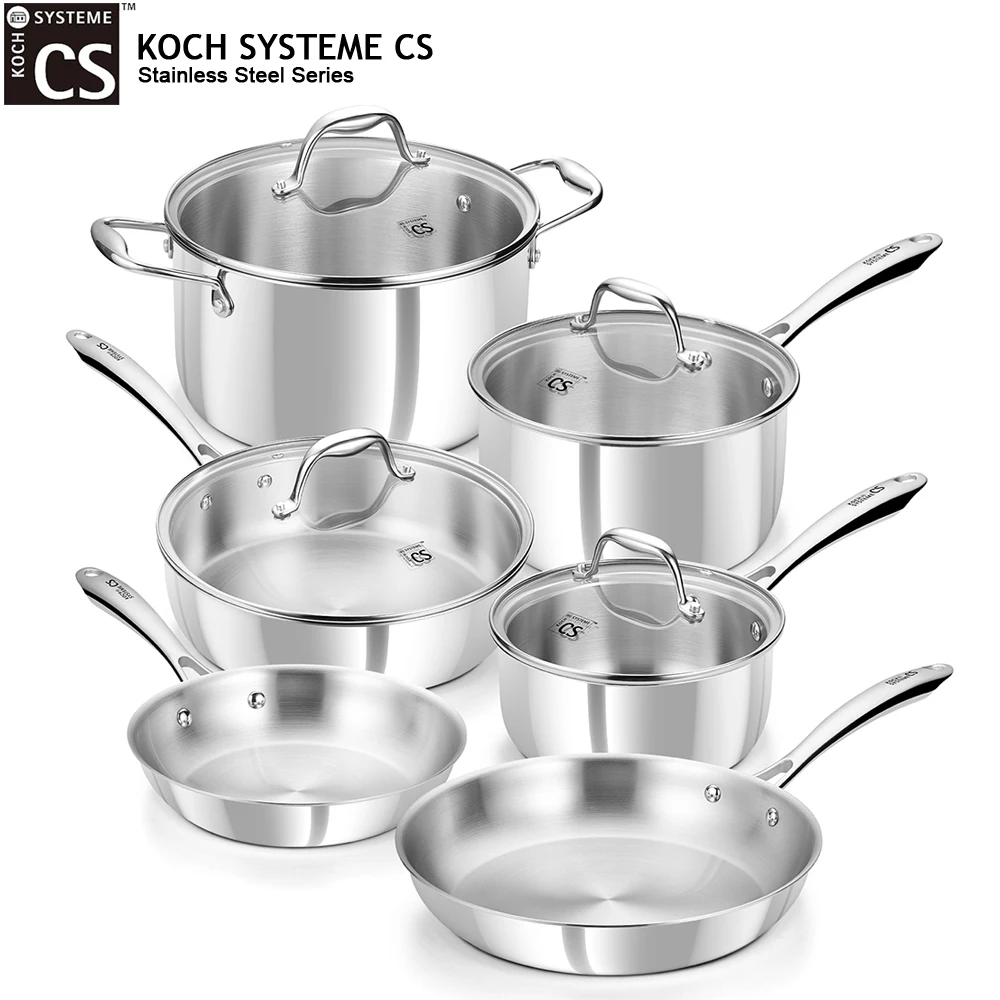 KOCH SYSTEME CS Tri-Ply Stainless Steel Cookware Set 10 Piece Kitchen Saucepan Milk Pot Frying pan Professional 18/10 Stianless Steel Pots and Pans Set Oven & Induction Safe