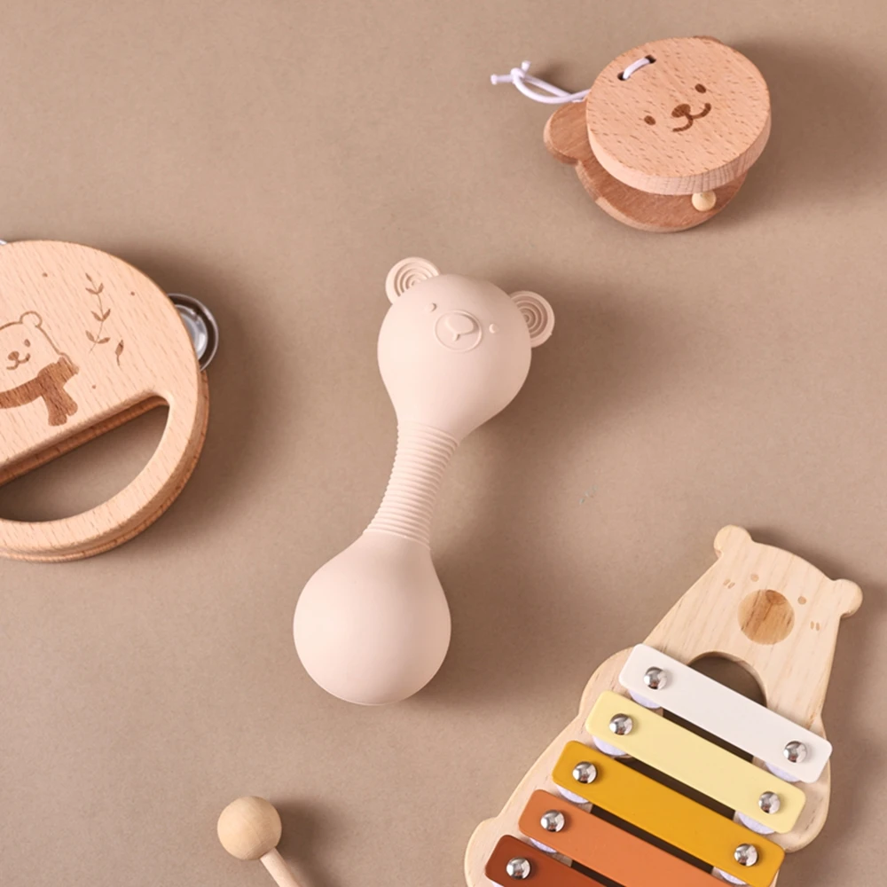 5pc Baby Music Rattle Sets,Hand Music Bell,Baby 0 3 Years Toys,Make Sound Toys,Bear Music Rattle,Wooden Educational Toys for Kid