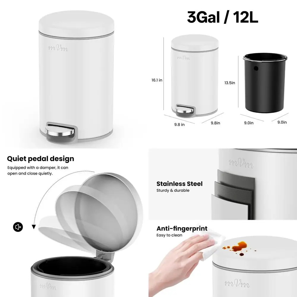 

3 gallon white plastic bathroom trash can with lid