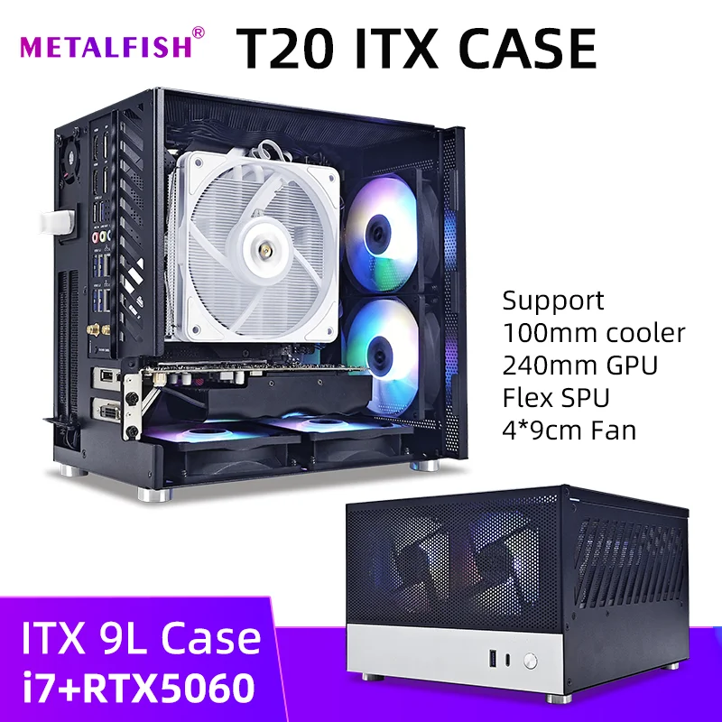 METALFISH T20 Mini ITX Case 9L Gaming Computer Chassis Branco Compacto PC Suporte Flex PSU/100mm Cooler/180Liquid Cooler/240mm GPU