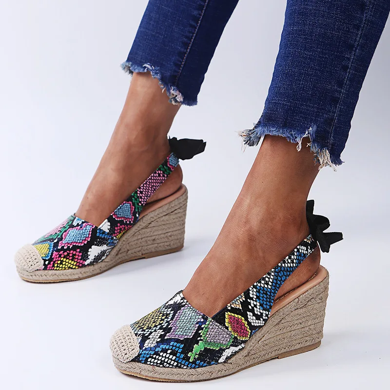 Shoes Women Bow Sandals Summer  2022 Korean Style Handmade Plus Size Snake Print Slippers Zapatos De Mujer Tacon Medio Elegantes