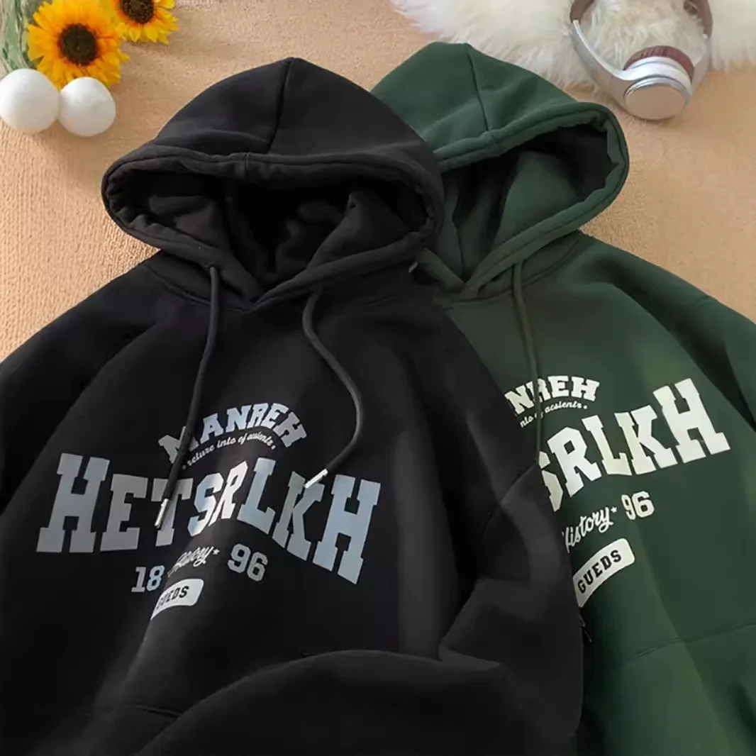 Women's Autumn and Winter Casual Fashion Loose London England Print Hooded Drawstring Long Sleeved Warm Pullover