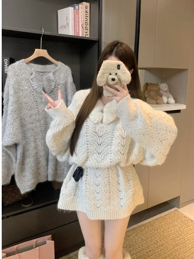 

plus Size Women's Knitted Sweater Coat Hollow out Knot Waist Cinched Mid-Length Autumn Winter New Sle Korean Version