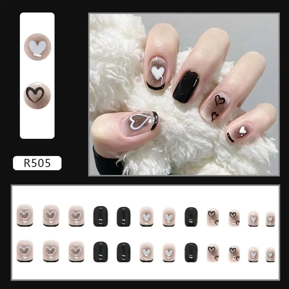 Black French Cute Love Heart Wearable Nail Art Glossy Nails Finished Fake Nails False On Glue Short Nails With Detachable P A0v0