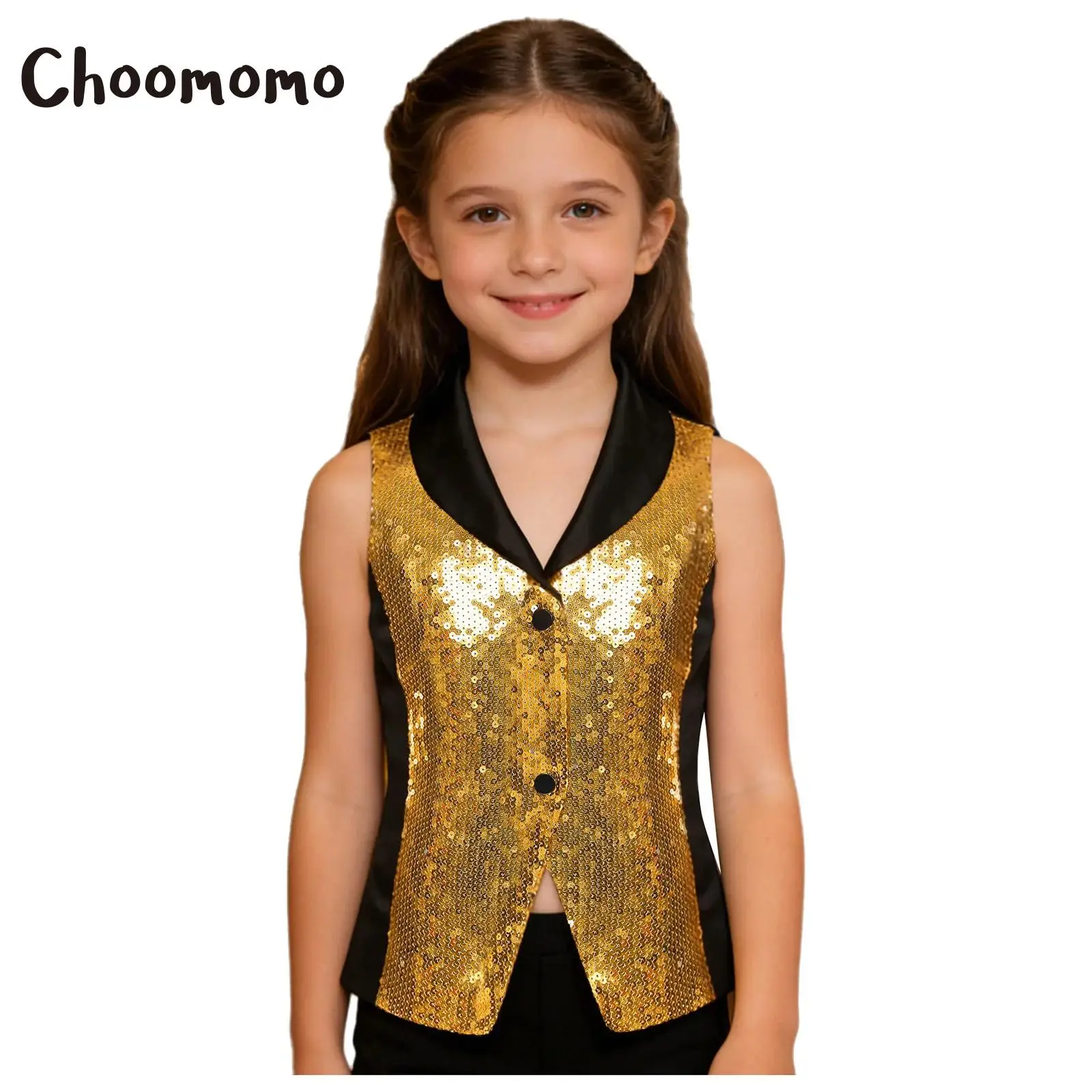 Kids Girls Shiny Sequins Vest Waistcoat Hip-hop Jazz Disco Streetwear Lapel Satin Jackets Tank Top Rave Proms Party Performance