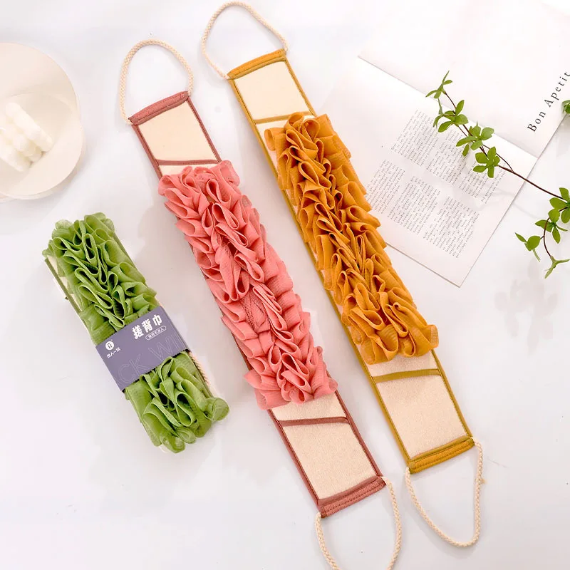 Tiras para tirar hacia atrás de flores de baño, bolas de ducha de doble cara 2 en 1, toalla de baño, exfoliante de barro, toalla de baño para frotar la espalda, tiras para frotar la espalda