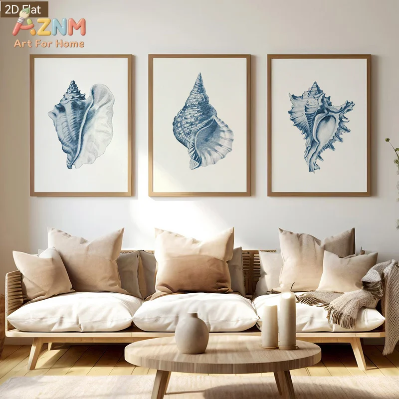 1pc/3pcs Blue Spiral Conch Wall Art Minimalist Ocean-Themed Canvas Paintings Suitable for Room Decor - view 5
