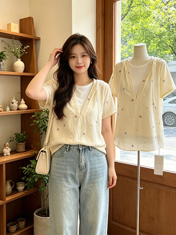 

plus Size Embroidered Hooded Short Sleeve Shirt Women's Summer New Style Ageless Match All Cotton Casual Fashion Commute Style