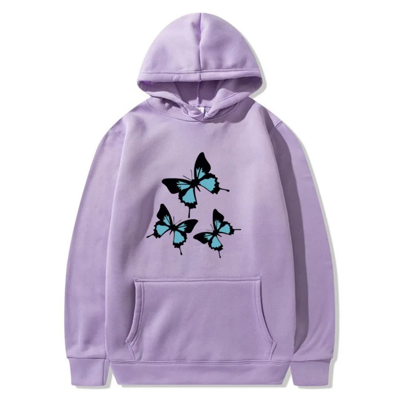 

Women fashionable long sleeved hooded sweatshirt with three butterfly patterns printed High quality comfortable top for street