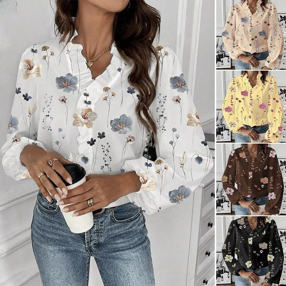 فانوس نسائي طويل مطبوع مع ياقة مكشكشة للتنقل من ألياف البوليستر 00% فانوس Sve نمط زهور رفيع عادي #1