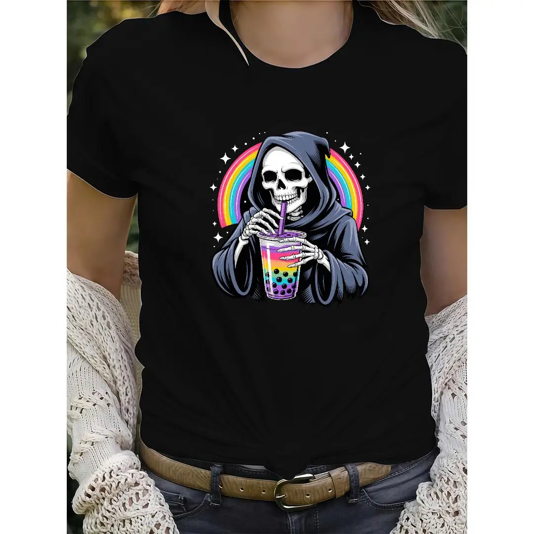 

Edgy And Colorful T - Shirt With Grim Reaper Enjoying A Drink