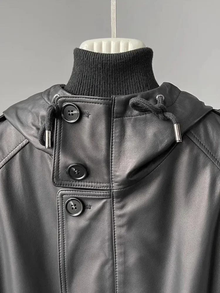 Frauen Echt leder lange Jacke Herbst Reiß verschluss Stehkragen Kapuzen mantel hochwertige lässige Wind breaker echten Schaffell Mantel