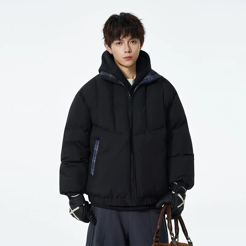 

Winter Man Jacket High Street Plaid Patchwork Turn Down Collar Male Down Coat Long Sleeve Oversize Versatile Men Outerwear