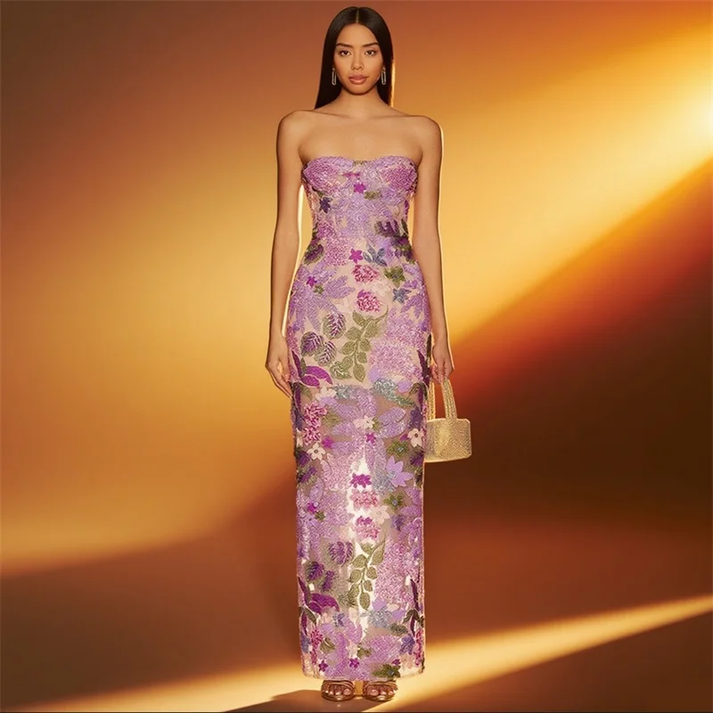 

Strapless Embroidery Sequins Women's Evening Dress Sheer With Zipper Bandage Gown Elegant Multiple Colors Party Skirt New Design