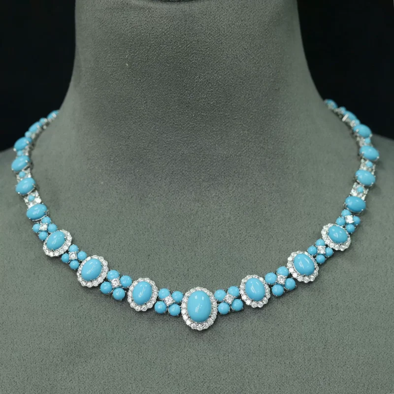

Bellux 925 Silver Gold Plated Synthetic Turquoise Zircon Oval Shaped Luxury Necklace Banquet Fine Jewelry