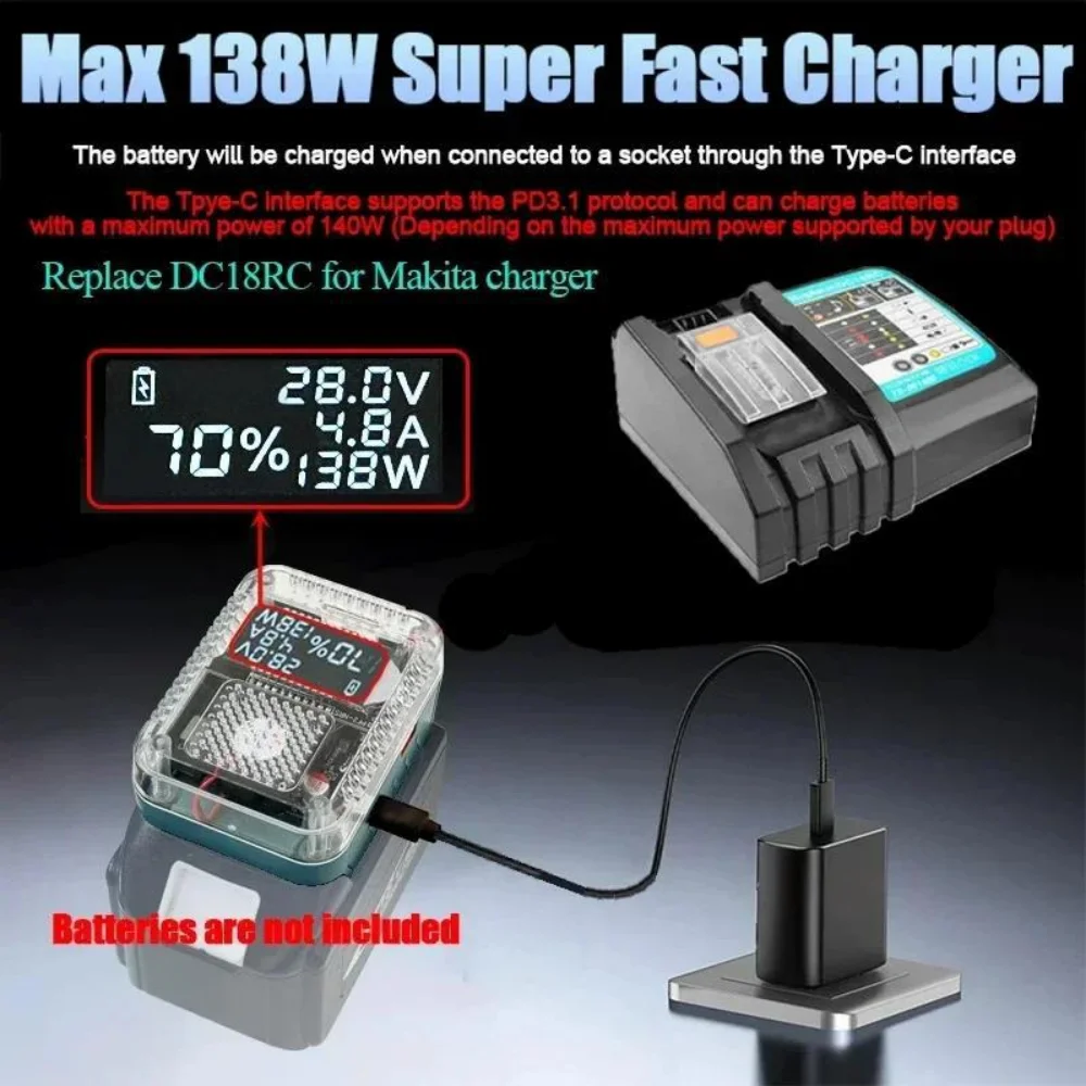 

Digital Display Lithium Battery Adapter Converter For Makita For DeWalt For Milwaukee For M18 Charger USB Type-C Power Bank 138W