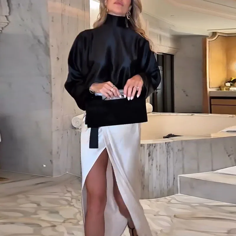 Elegant Banquet Sets Luxury High-end Color Blocked Half Skirts 2pc Sets Temperament Satin Long Sleeve Tops&Irregular Skirts Sets