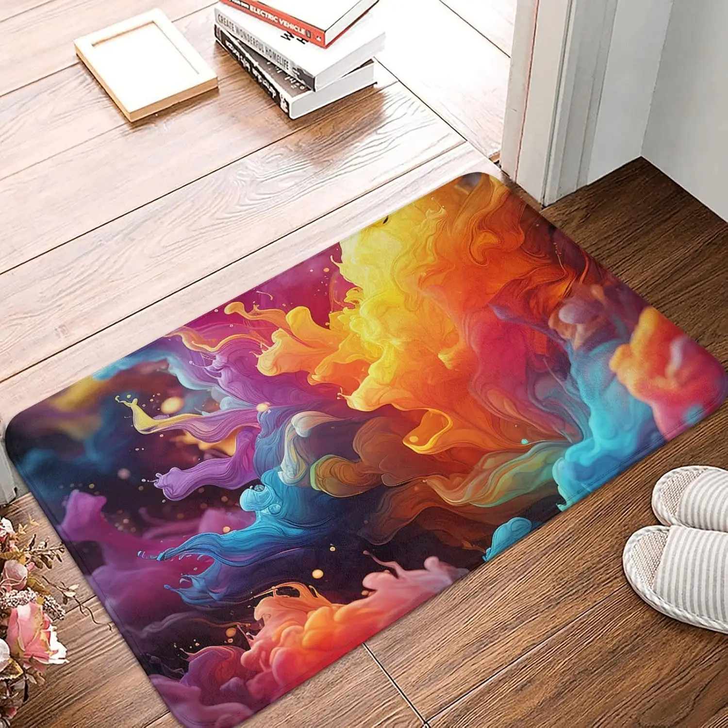 Colorful Abstract Smoke Door Mat, Vibrant Fluid Art Floor Mat, Rainbow Ink Splash Entrance Rug, Non-slip Washable Modern Living
