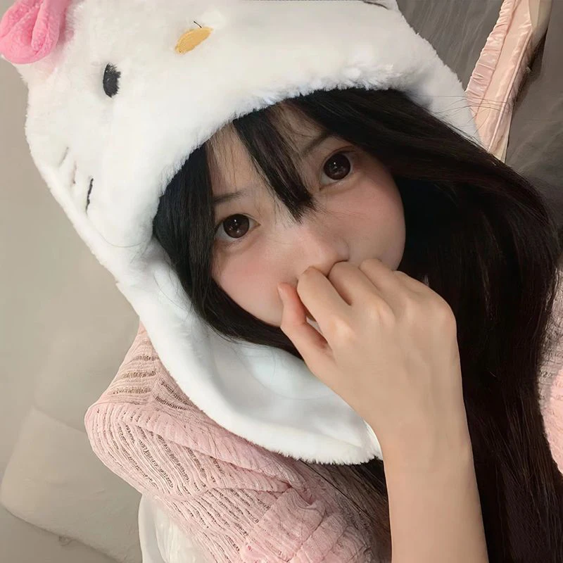 Kawaii KT Cat Plush Cap Cute Cartoon Hello Kitty Pullover Hat Thickened Warm Ear Protection Riding Hat For Girl Gifts