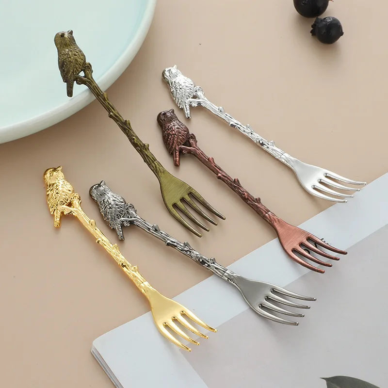 Creative Bird Branch Straight Handle Alloy Fork Fruit Fork Dessert Cake Ice Cream Small Fork Gift Crafts Kitchen Accessories