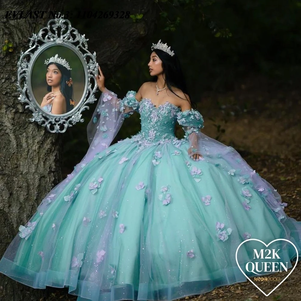 

EVLAST Customized Mint Quinceanera Dress Ball Gown 3D Floral Applique Beading Cape Corset Sweet 16 Vestidos De 15 Anos E3Q57