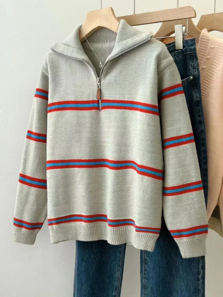 

Striped Turtleneck Zipper Loose Sweater Women's Autumn New Pullover Fashion Slim Simple Versatile Long Sleeve Sweater for Women