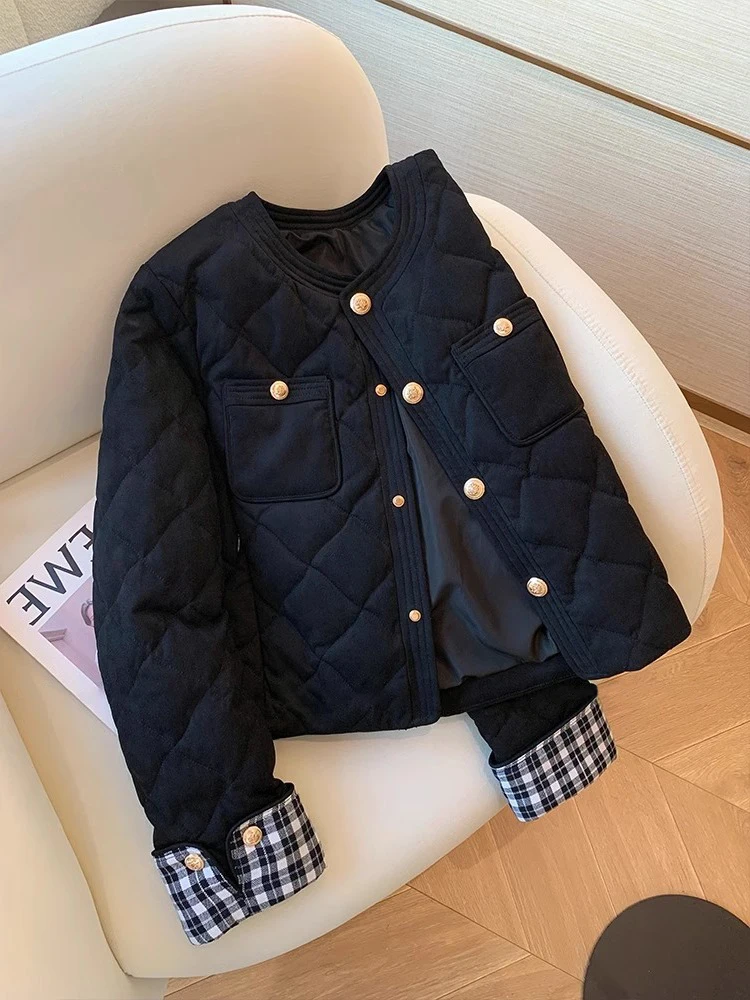 

Модная женская куртка в американском ретро-стиле с клетчатыми вставками, круглым вырезом, из хлопка, для осени и зимы, повседневная, универсальная, теплая, хлопковая.