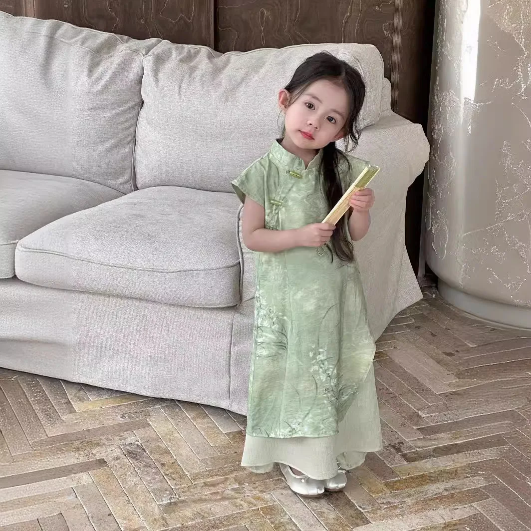 

Girl Clothes Suit Cotton Children Clothing Girls Cheongsam Children 2024 New Summer Baby National Style Really Two Dresses Hanfu