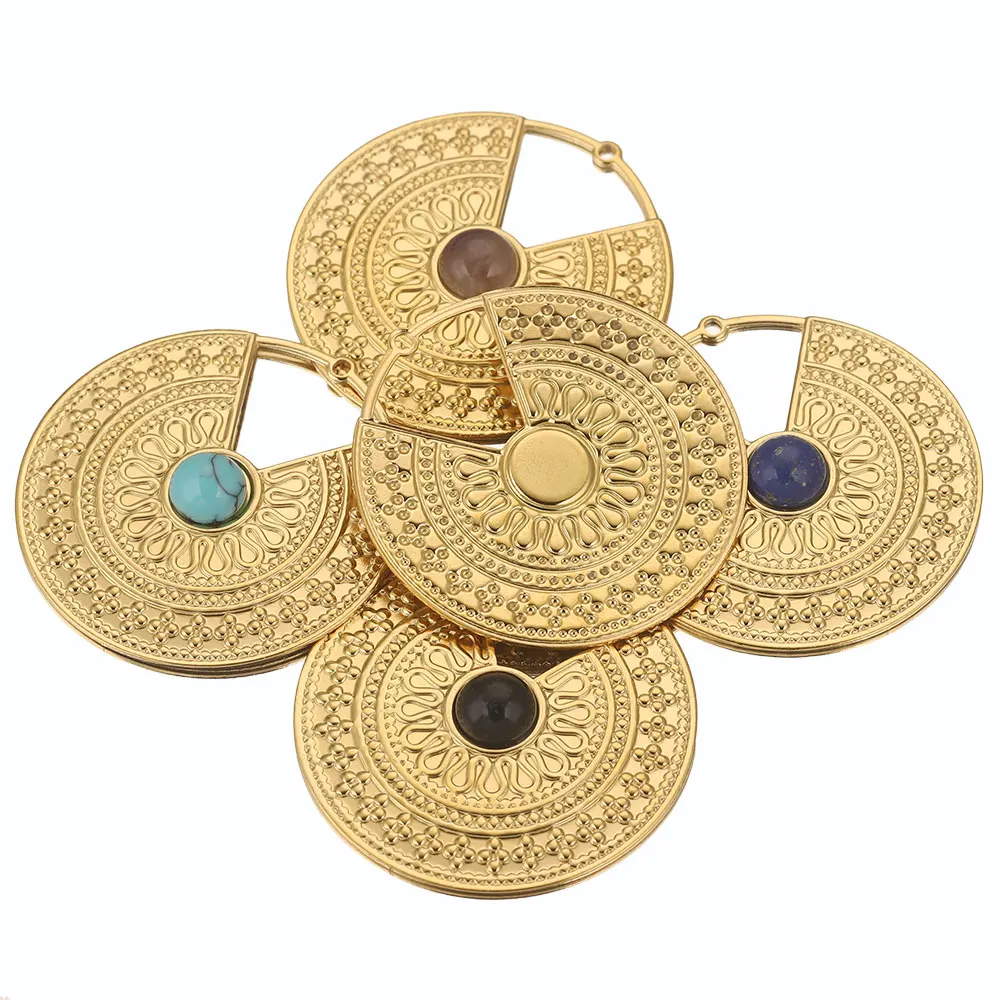 2pcs Stainless Steel Natural Stone 40mm Circle Sector Large Charm Earrings Connectors Making Supplies for Diy Jewelry Findings