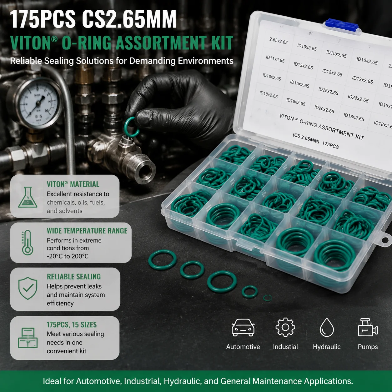 FKM 175 Piece Fluororubber O-Ring Product Combination CS 2.65mm High-Temperature Oil Circuit Special FKM Sealing Gasket