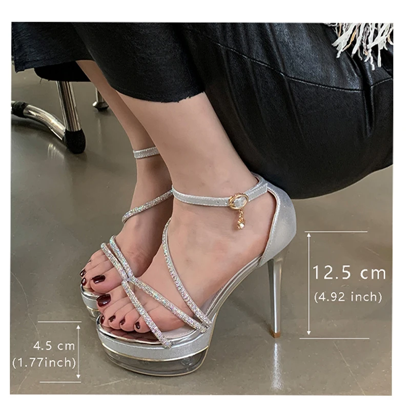 Sliver High Heels Sandals Sexy Rhinestone Belt Platform Heels 12cm Summer Wedding Dress Shoes Ladies Shoes Sandalias De Mujer