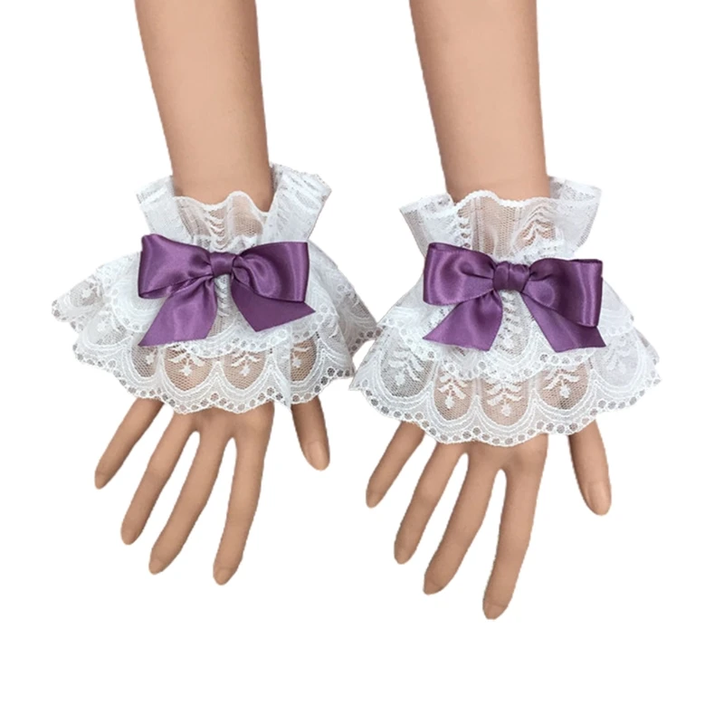 652F Japanese Lolita Hand Sleeve Wrist Cuffs Sweet Ruffled Lace Multicolor Bowknot Maid Cosplay Bracelet for Wedding Party