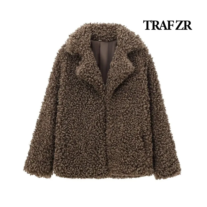 TRAF ZR Snow Parka Brown Faux Fur Coats Solid Thick Padded Coat American Retro Winter Coat Female Warm Woman Winter Coats