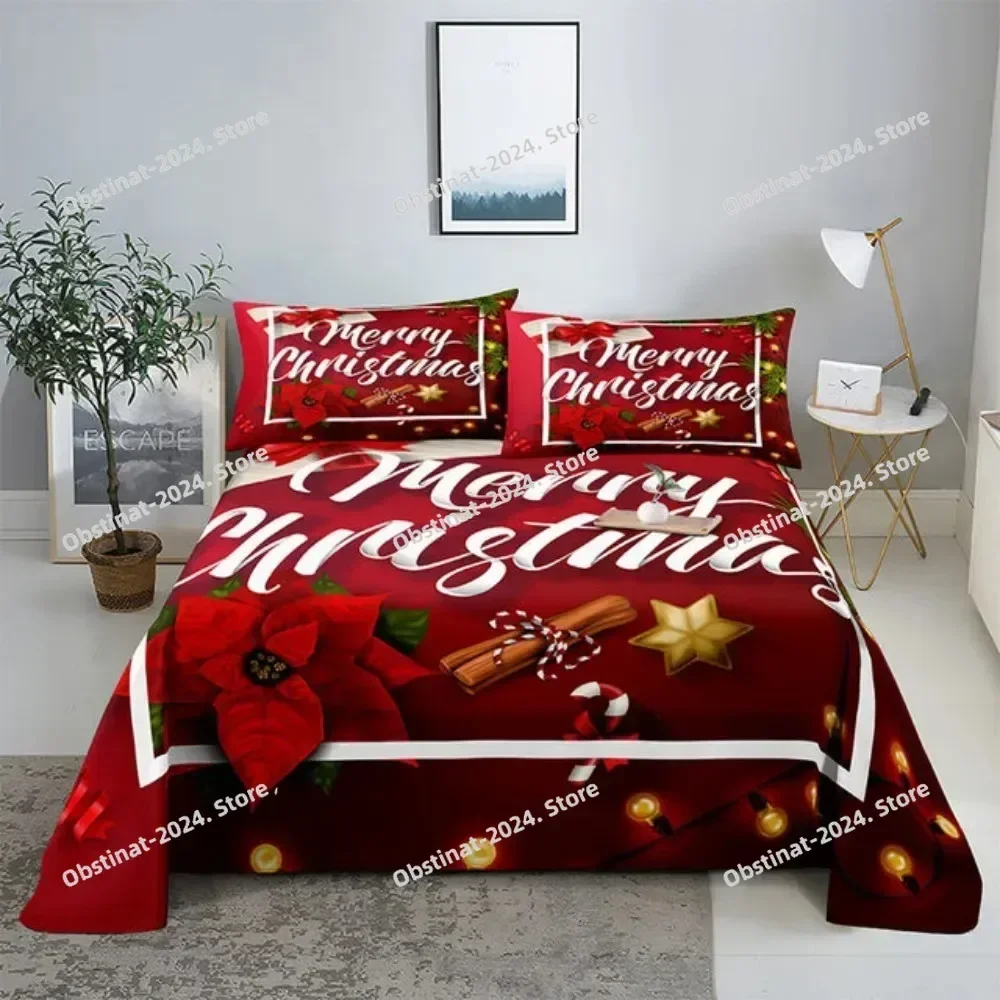 New Merry Christmas Bed Sheet Set with Pillowcase Print Santa Claus Home Decor New Year King Queen Size Red Bed Flat Sheet 032
