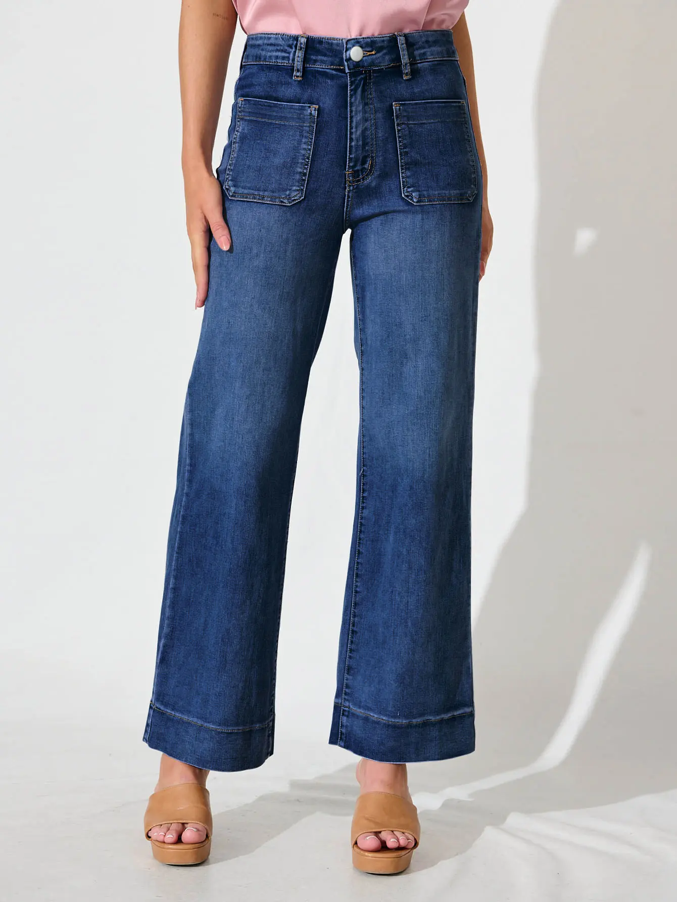 2025 New Women's Dark Blue Mid-Rise Wide Leg Jeans Vintage Stretch Fabric Comfortable Soft Classic Casual Button Placket Jeans