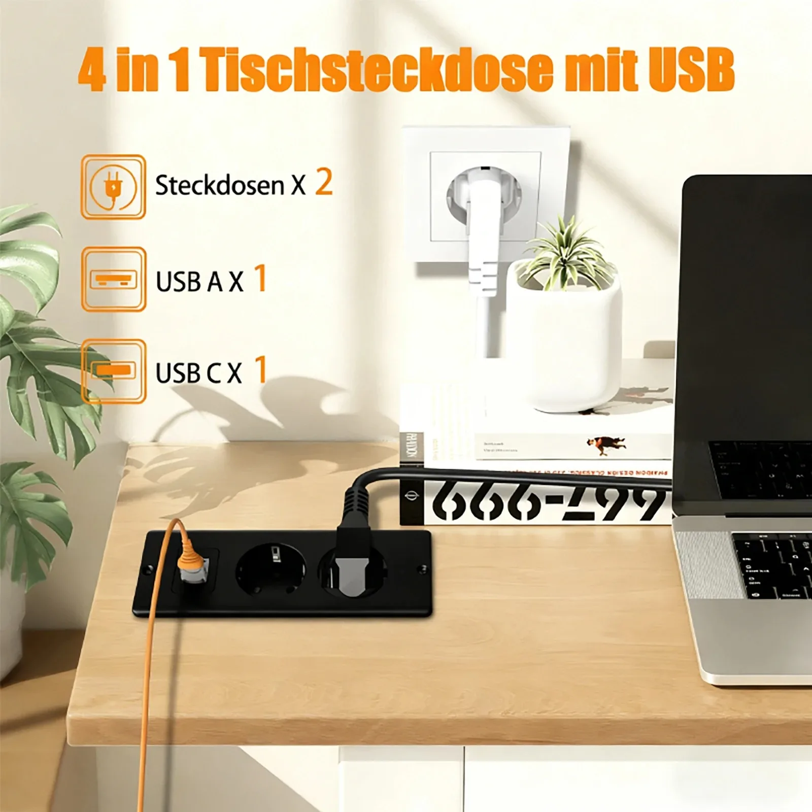 EU Standard Recessed Hidden Built-in Desktop Power Outlet 1 USB-A 1 Type-C with 2M Extension Cord For Office Kitchen