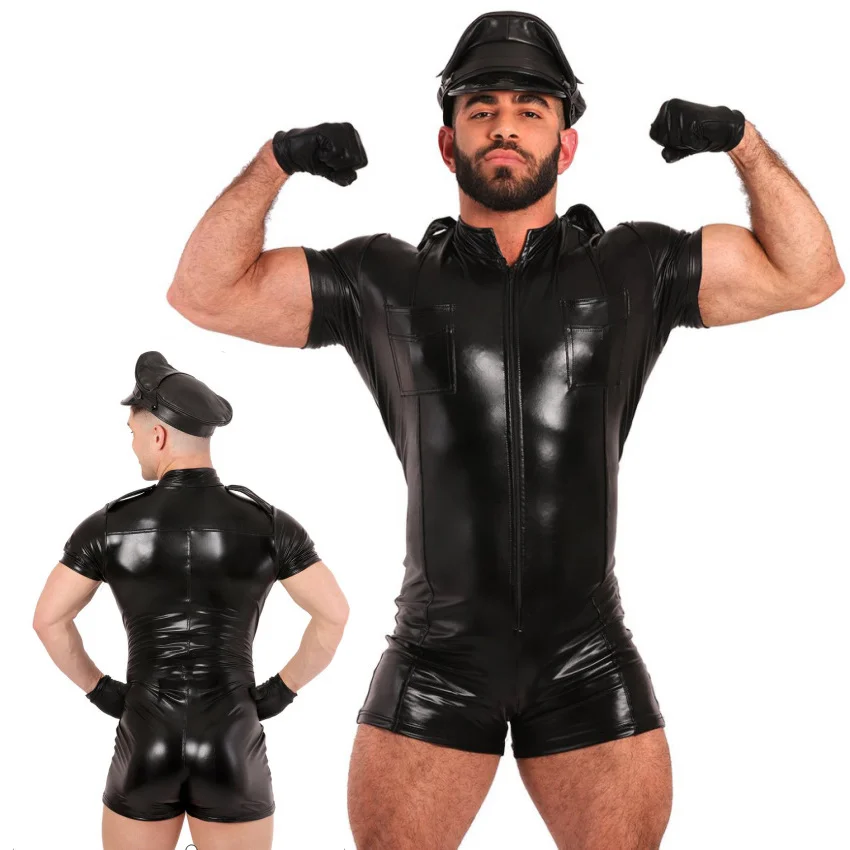 Sexy Man Leather Body Shaper Black Cosplay Police Suit Lingerie Hat Gloves Set Erotic Gay Sissy Adult Zipper Bodysuit PU Latex