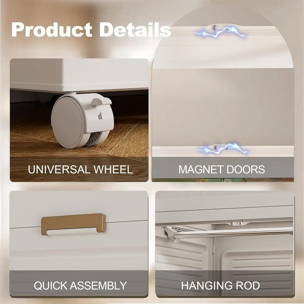 Large Plastic Collapsible Wardrobe with Wheels, 8-Shelf Storage Cabinet, 2 Rods, 16 Hangers