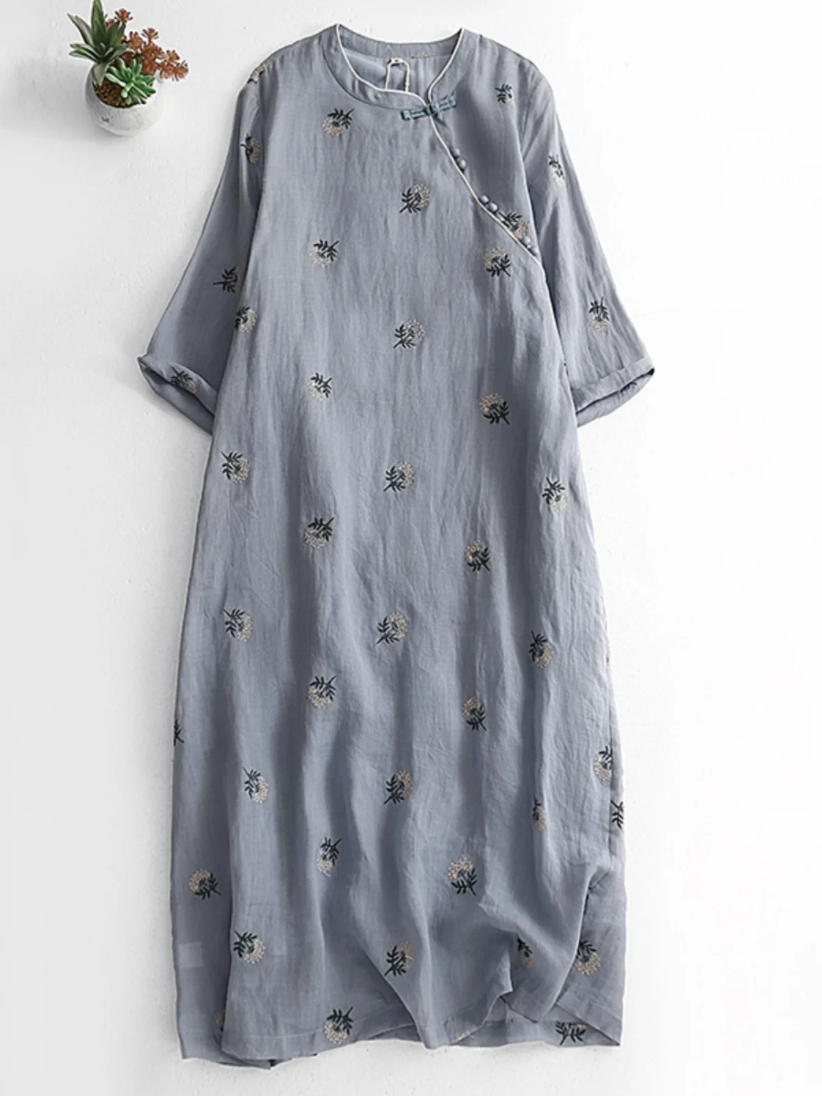 Retro-Blumendruck A-Linie Dr. Großes Damen-Faion-Sommerkleid, lässige Baumwollmischung, langes Sve-Rund-Ne-Kleid