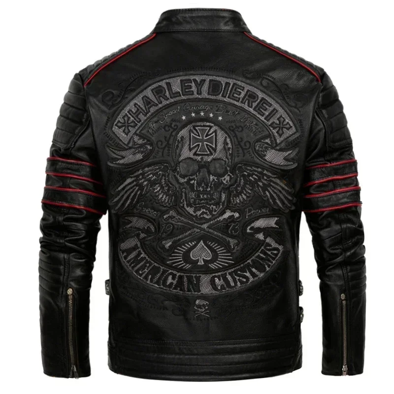 

Embroidery 2024 Skull Motorcycle Jackets Real Cowhide Genuine Leather Mens Riding Motor Biker Men Coat