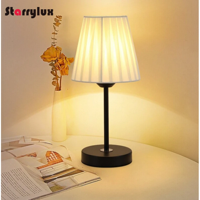 Nordic Retro Fabric Table Lamp, Bedside LED Pleated Night Light, Scandinavian Decor Nightstand Lamp