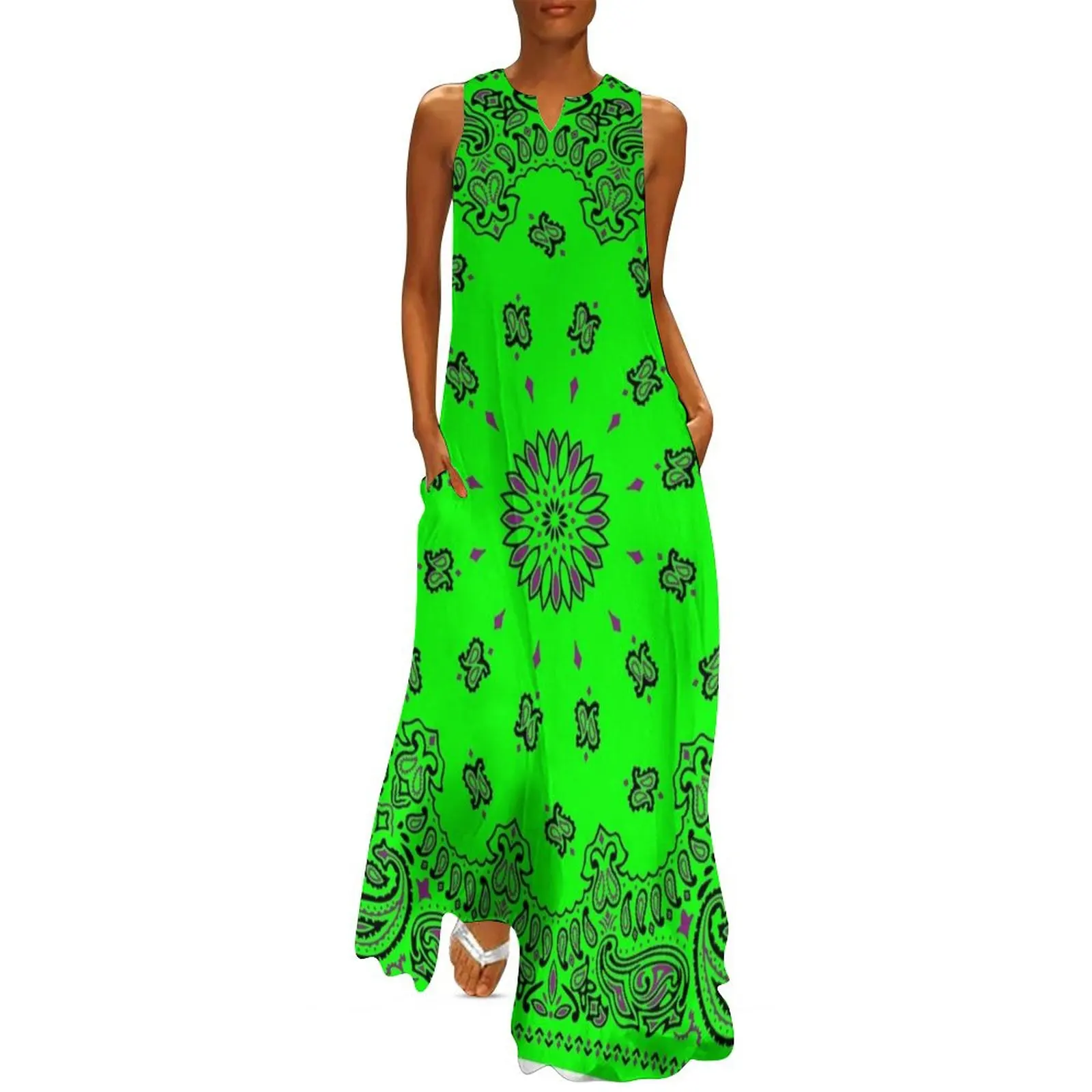 

Classic Paisley Bandana, Neon Green, Purple and Black Long Dress Woman clothes summer dress korean women Female clothing