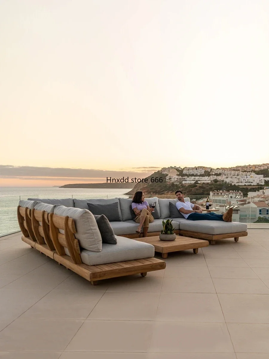 Outdoor sofa teak courtyard villa apartment type solid wood rain and sun protection coffee table combination