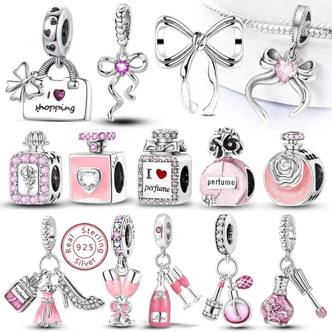Fit original 925 prata esterlina encantos contas arco perfume garrafa rosa encantos para mulheres finas diy aniversário jóias presentes