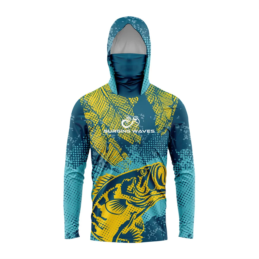 Surging Waes Fishing Shirt UPF 50 Hooded Face Cover Clothes Summer Sun Protection Hoodie Men Face Mask Jersey Camisa De Pesca