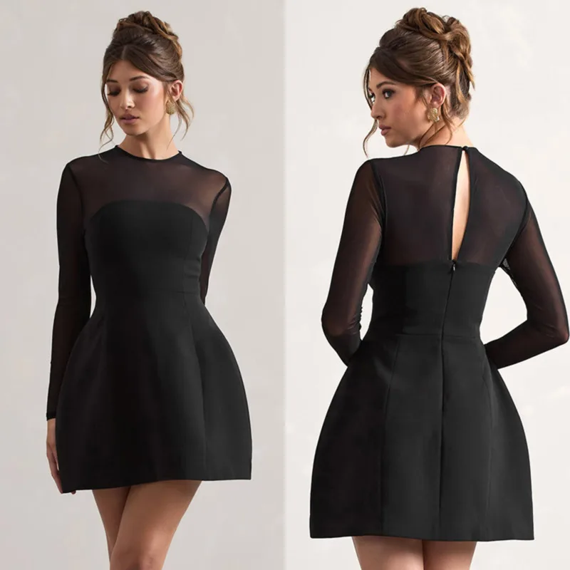 Chic ตาข่ายแผง SHEER เอว-Cinching ชุดเอวสูง A-Line กระโปรงสไตล์ใหม่ผู้หญิงรอบคอ backless มินิชุด