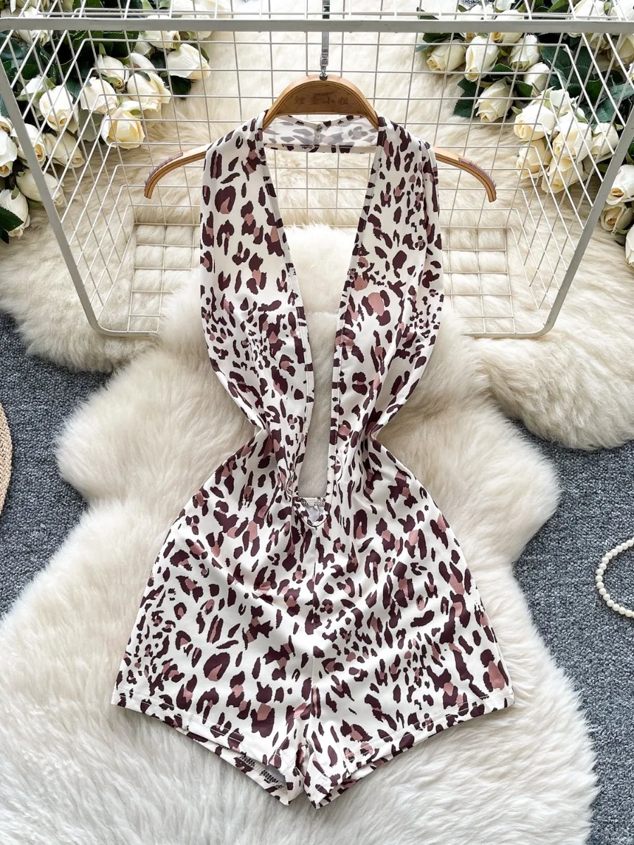 

Foamlina 2025 Summer Sexy Hot Girl V Neck Halter Strap Leopard Print Tight Pants Jumpsuit European New Women Bodycon Bodysuit