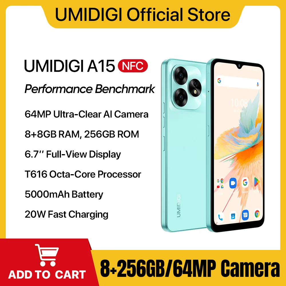 smartphone android 13 a15c octa core nfc 67 hd mais tela waterdrop 8gb 256gb 64mp 20w 5000mah bateria dual sim umidigi a15 01